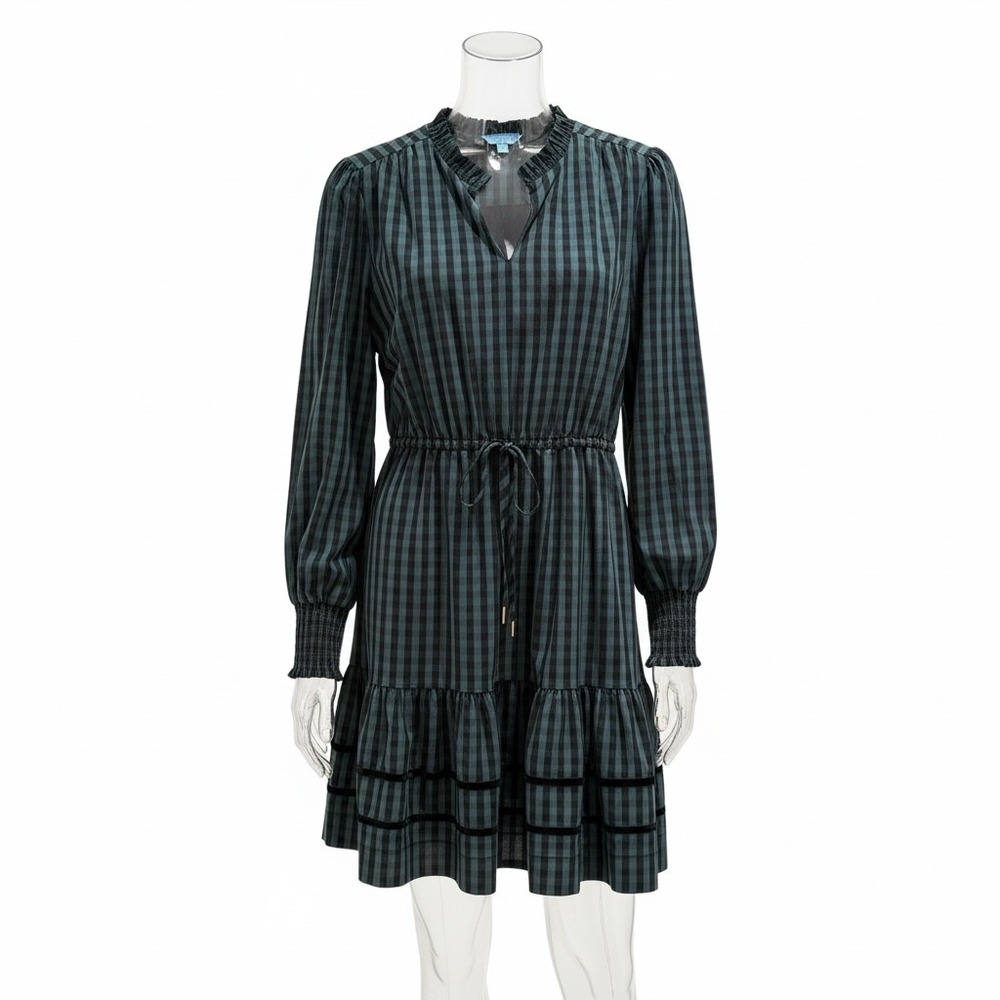 Draper James Gingham Dress L Green Black Ruffle Neck Tiered NWOT Preppy Fall‎